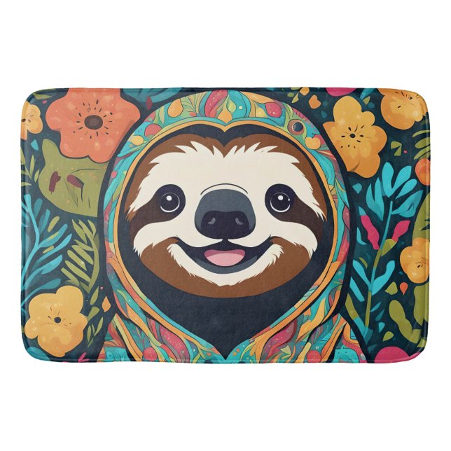Cute sloth surrounded by flowers bath mat (Front)