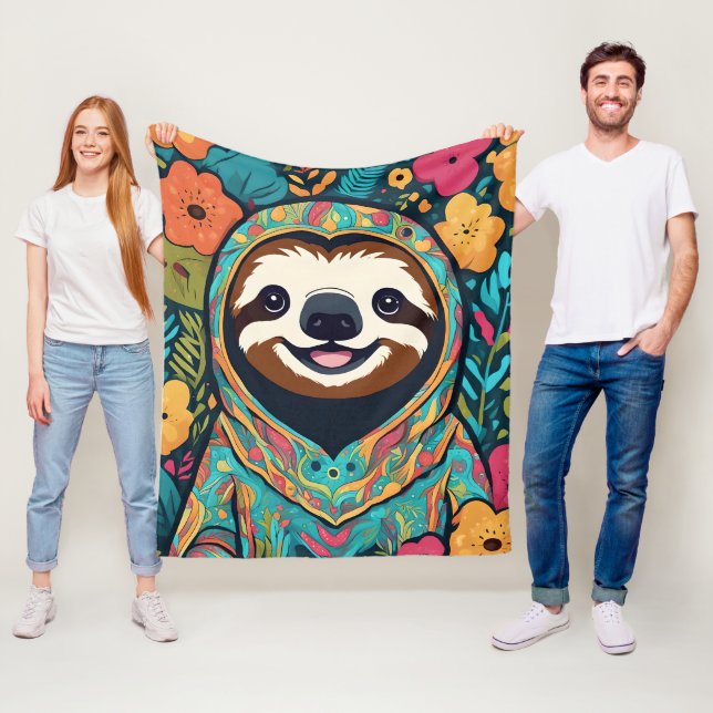 Cute sloth surrounded by flowers fleece blanket (In Situ)