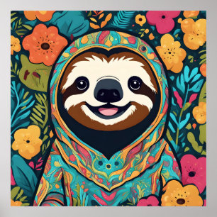 Cute sloth surrounded by flowers poster