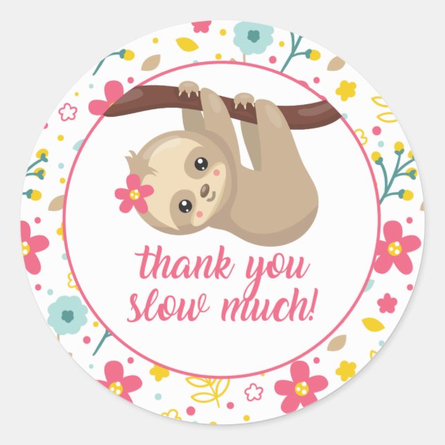 Cute Sloth Thank You Favor Stickers Spring Flowers (Front)