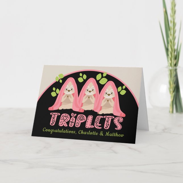 Cute Sloth Three Girls New Triplet Babies Card (Front)
