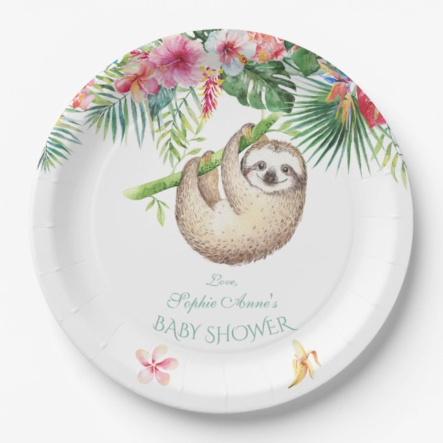 Cute Sloth Tropical Floral Bouquet Boy Baby Shower Paper Plates (Front)