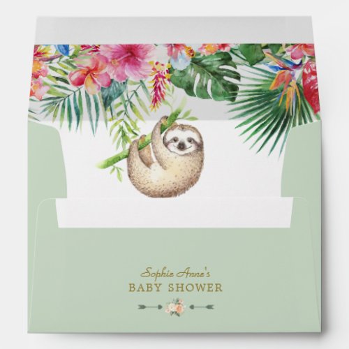 Cute Sloth Tropical Floral Frame Boy Baby Shower Envelope