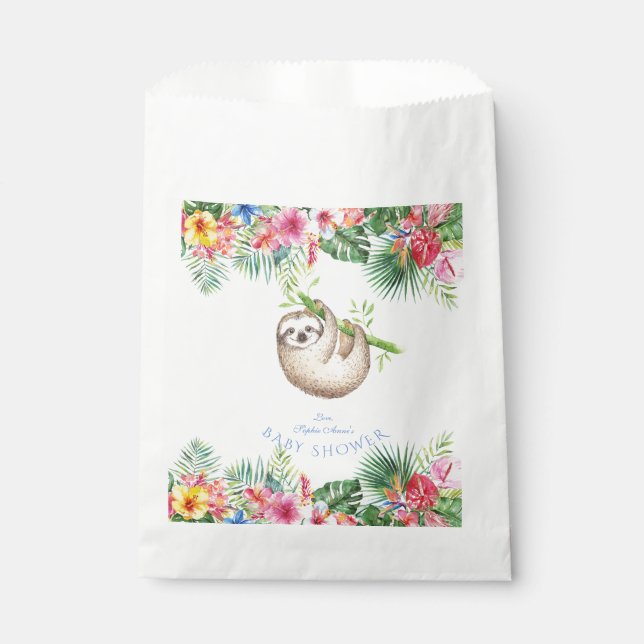 Cute Sloth Tropical Flowers Frame Baby Shower Favor Bag (Front)