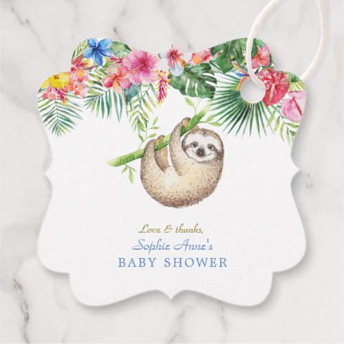 Cute Sloth Tropical Flowers Frame Baby Shower Favor Tags
