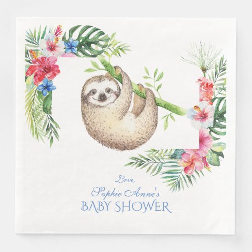 Cute Sloth Tropical Flowers Frame Baby Shower Paper Dinner Napkins