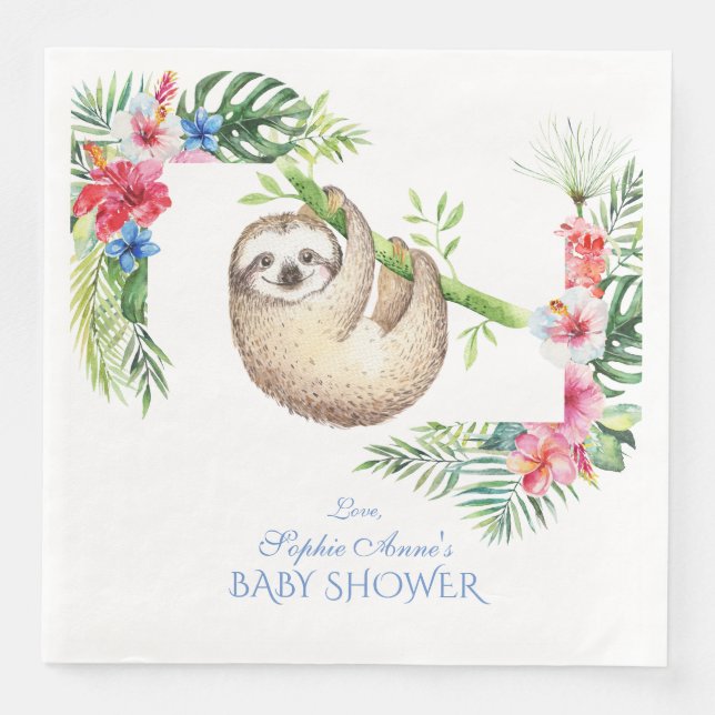 Cute Sloth Tropical Flowers Frame Baby Shower Paper Dinner Napkins (Front)
