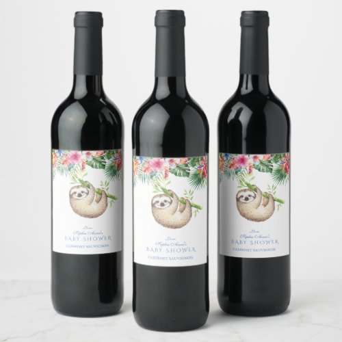 Cute Sloth Tropical Flowers Frame Baby Shower Wine Label