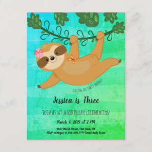 Cute Sloth Tropical Girly Birthday Party Invitation