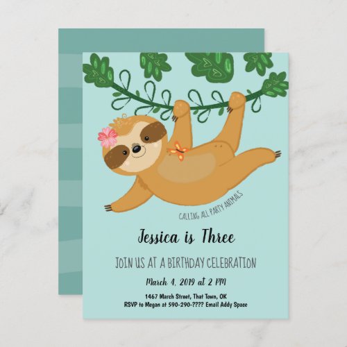 Cute Sloth Tropical Girly Birthday Party Invitation