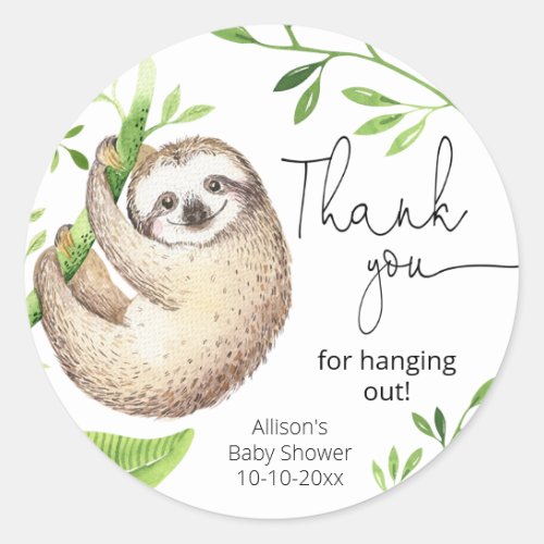 Cute sloth tropical greenery green leaves classic round sticker