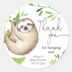 Cute sloth tropical greenery green leaves classic round sticker
