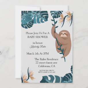 Cute Sloth Tropical Leaf Baby Shower Invitation