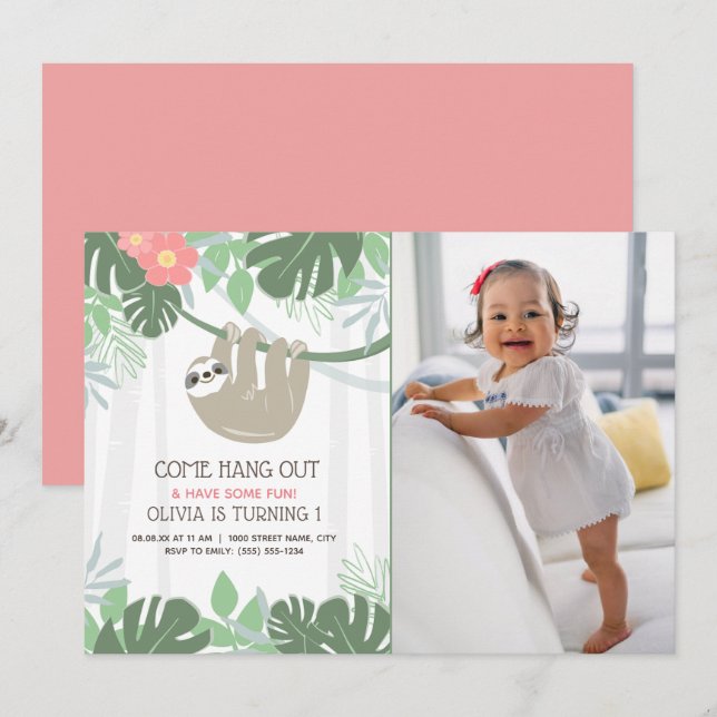 Cute Sloth Tropical Palm Leaves Birthday Invitatio Invitation (Front/Back)