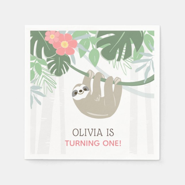Cute Sloth Tropical Palm Leaves Birthday  Napkins (Front)
