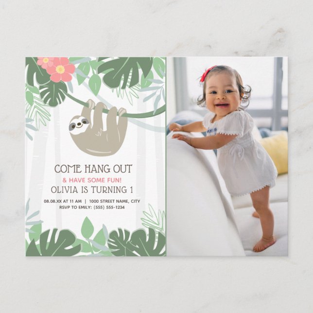 Cute Sloth Tropical Palm Leaves Birthday Postcard (Front)