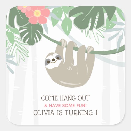 Cute Sloth Tropical Palm Leaves Birthday Square Sticker