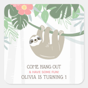 Cute Sloth Tropical Palm Leaves Birthday Square Sticker