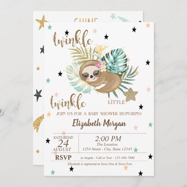 Cute Sloth Twinkle Little Star Baby Shower  Invitation (Front/Back)