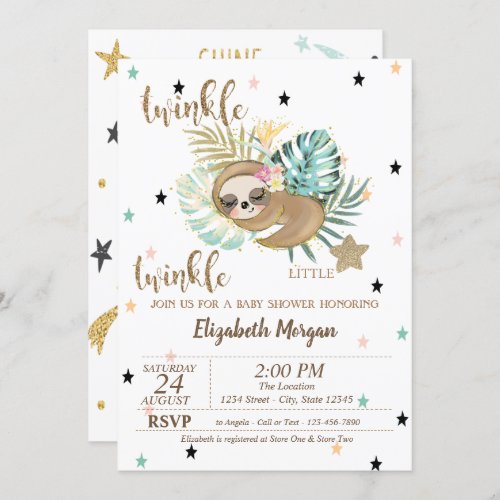 Cute Sloth Twinkle Little Star Baby Shower  Invitation