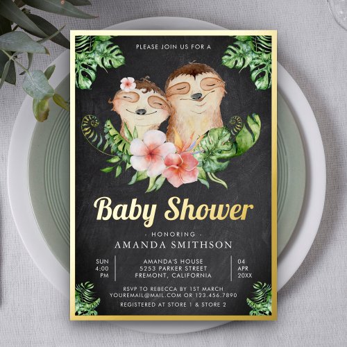Cute Sloth Twins Chalkboard Baby Shower Gold Foil Invitation