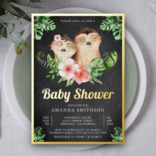 Cute Sloth Twins Chalkboard Baby Shower Gold Foil Invitation (Creator Uploaded)