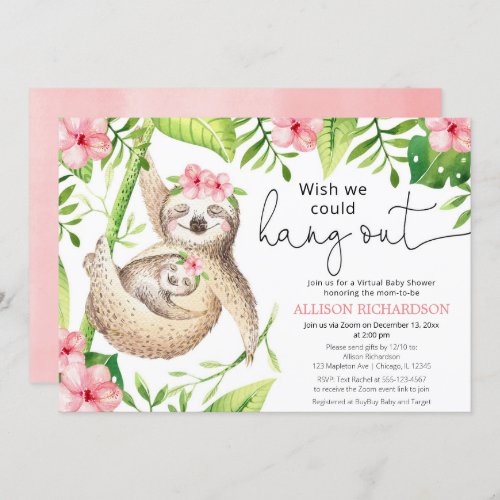 Cute Sloth Virtual baby shower pink tropical girl Invitation