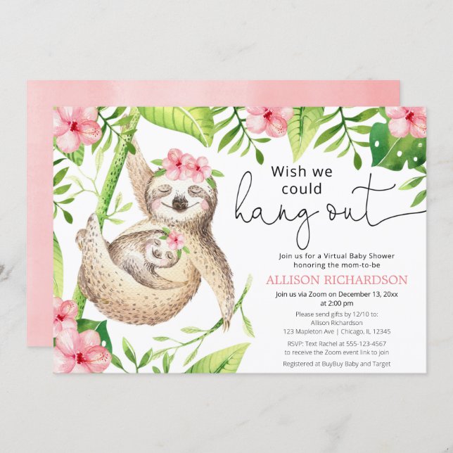 Cute Sloth Virtual baby shower pink tropical girl Invitation (Front/Back)