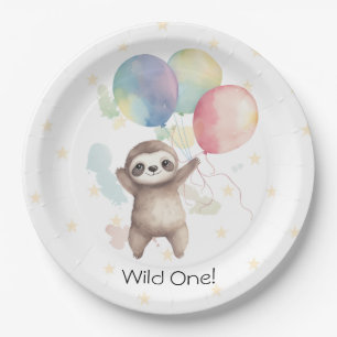 Cute Sloth Watercolor Balloons Wild One Birthday Paper Plates