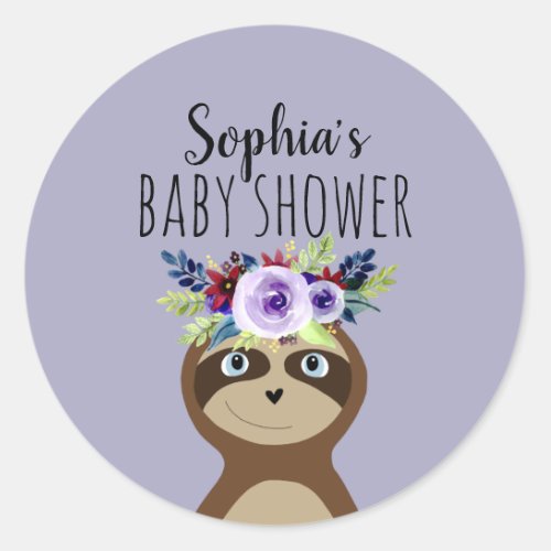 Cute Sloth Watercolor Flowers Name Baby Shower Classic Round Sticker