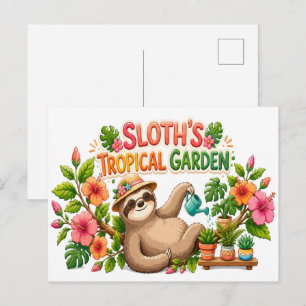 Cute Sloth Watering Plants Tropical Garden Invitation Postcard