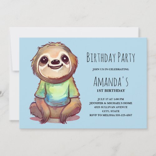 Cute Sloth Wearing a Shirt Birthday Invitation