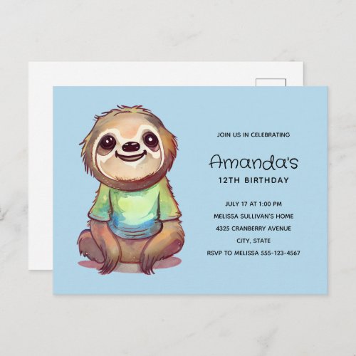 Cute Sloth Wearing a Shirt Birthday Invitation Postcard