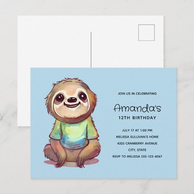Cute Sloth Wearing a Shirt Birthday Invitation Postcard (Front/Back)