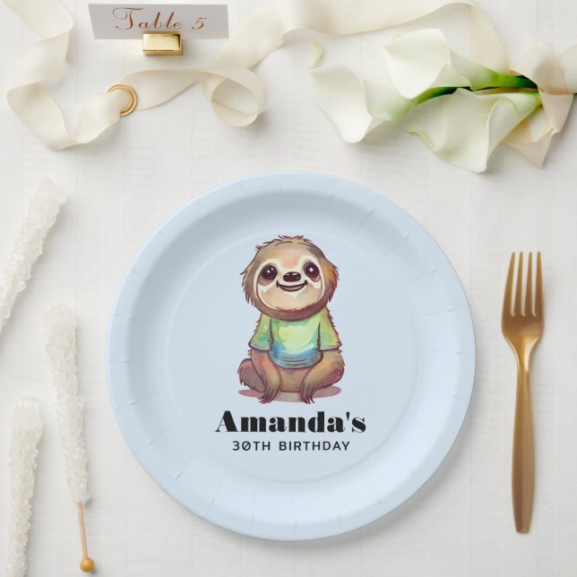 Cute Sloth Wearing a Shirt Birthday Paper Plates (Wedding)