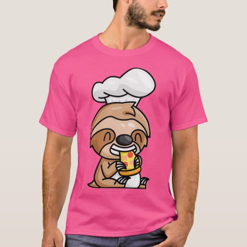 Cute sloth wearing chef hat eating pizza T_Shirt