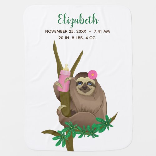 Cute Sloth White Blush Pink Floral Birth Stats Baby Blanket