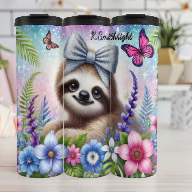 Cute Sloth with Butterflies and Flowers Thermal Tumbler (Creator Uploaded)