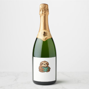 Cute Sloth with Coffee Mug – Cozy Relaxed Animal A Sparkling Wine Label