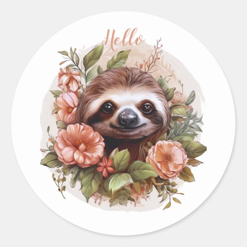 Cute Sloth with Flowers Hello Classic Round Sticker