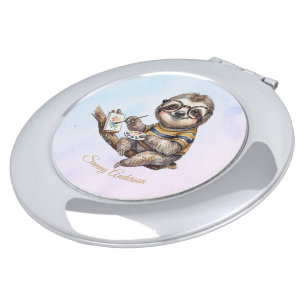 Cute Sloth with Glasses Funny Watercolor Painting Compact Mirror