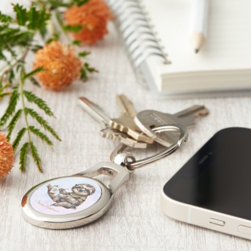 Cute Sloth with Glasses Funny Watercolor Painting  Keychain