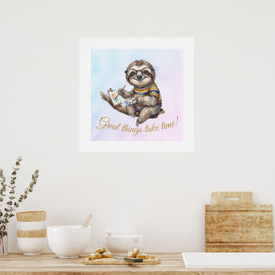 Cute Sloth with Glasses Funny Watercolor Painting  Poster