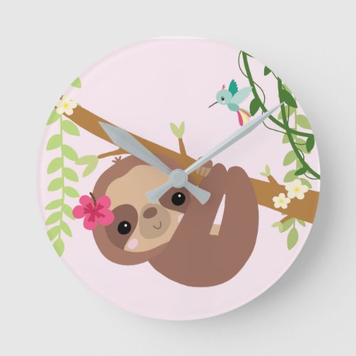 Cute Sloth with hummingbird Round Clock