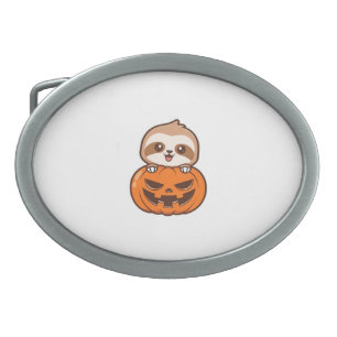 Cute Sloth with Pumpkin Halloween Cartoon Vector I Belt Buckle