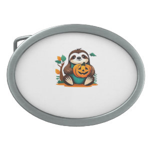 Cute Sloth with Pumpkin Halloween Cartoon Vector I Belt Buckle