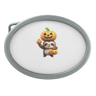 Cute Sloth with Pumpkin Halloween Cartoon Vector I Belt Buckle