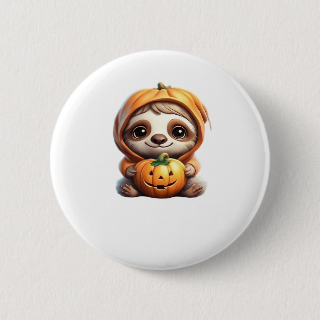 Cute Sloth with Pumpkin Halloween Cartoon Vector I Button (Front)