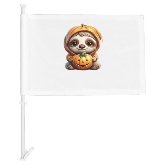 Cute Sloth with Pumpkin Halloween Cartoon Vector I Car Flag (Front)