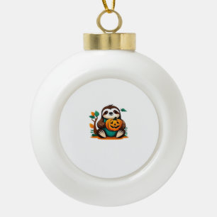 Cute Sloth with Pumpkin Halloween Cartoon Vector I Ceramic Ball Christmas Ornament